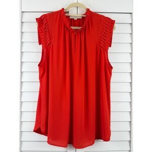 Loft Pleated Shoulder Blouse Women XXL Red Ruffle Neck Sleeveless Top